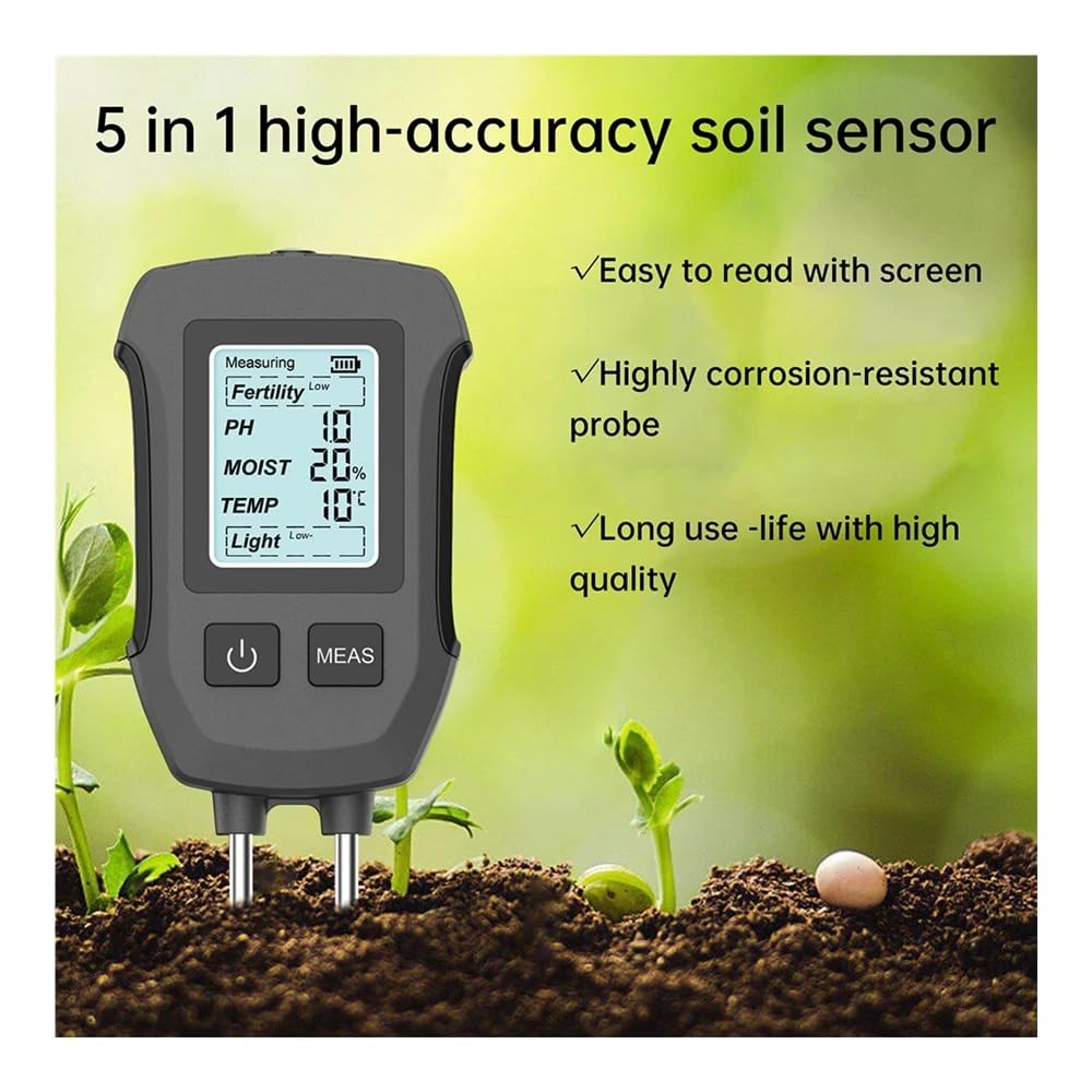 Tester del suolo 5 in 1, misuratore digitale di umidità, pH, fertilità, temperatura della luce solare(Black)