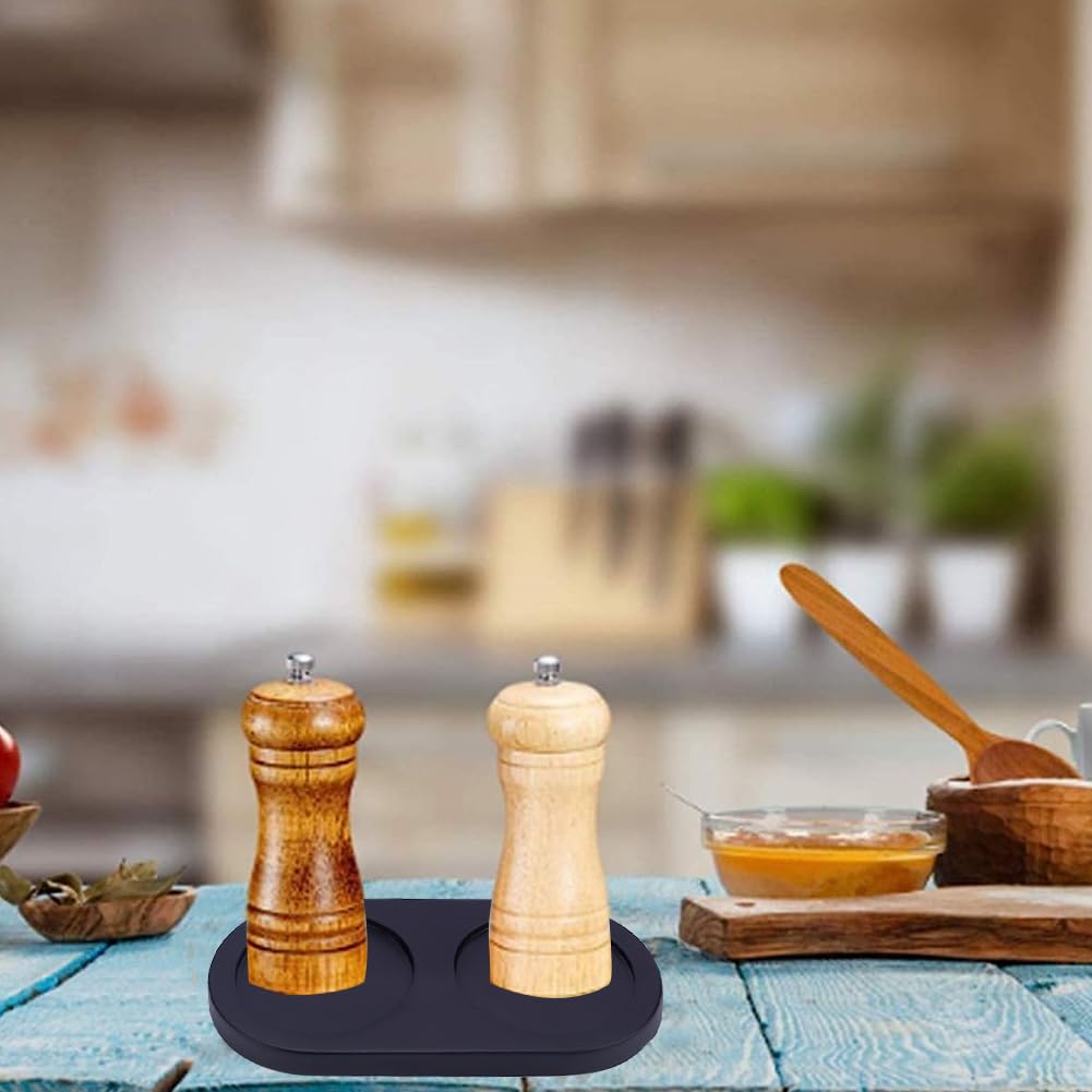 Bandeja de molinillo de sal y pimienta de madera negra de 2.28 pulgadas, bandeja de madera de acacia, molinillos y cocteleros, molinillo de sal y pimienta, soporte para 2 molinos, 5