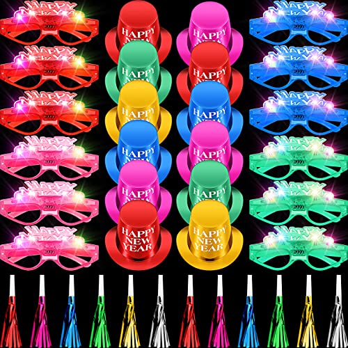 Shappy 36 Pieces Happy Year Party Supplies Includes 12 Paper Year Party Hats, 12 LED Light up Glow in The Dark Glasses, 12 Colorful Blowers Noisemakers for Year's Eve Party Decoration Supplies