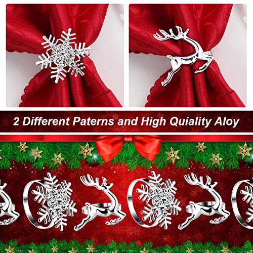 Christmas Napkin Rings Decoration 12 Pcs, Rhinestone Elk Snowflake Silver Napkin Rings Holders for Wedding Birthday Party Dinner Supplies