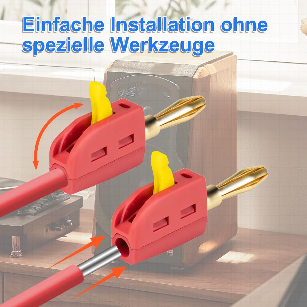 Wtyk bananowy 4 mm – 2 sztuki wtyków bananowych do głośników bananowych – złącze wtykowe do kabla audio, wzmacniacza, miksera, odbiornika, urządzeń stereo, montaż bez użycia śrub, pozłacane