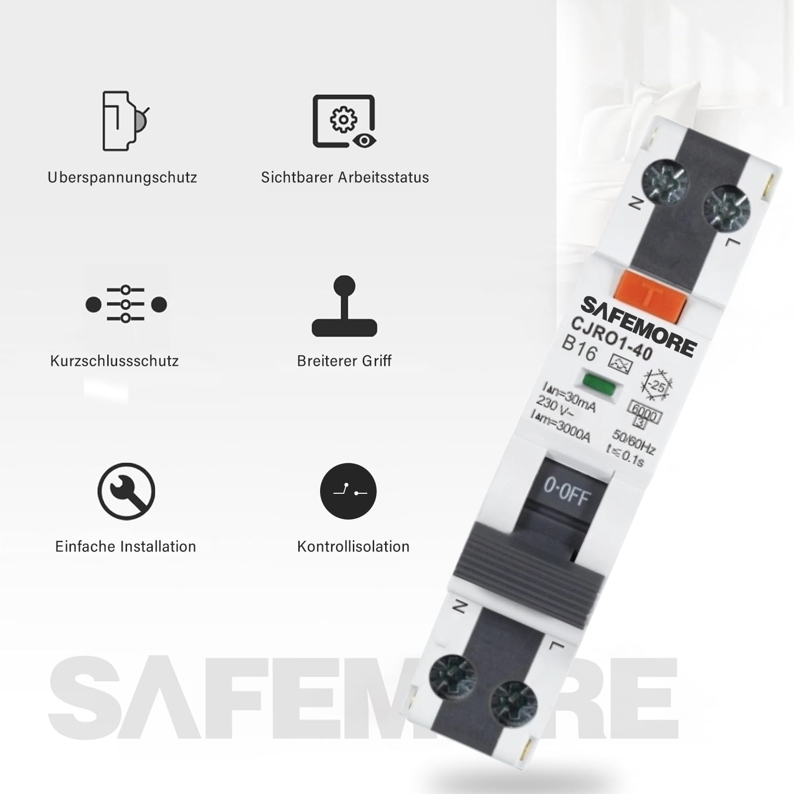 FI/LS-Schalter B16 Typ A 30mA 1P+N 6kA 1TE TÜV, 5 Stück, Grau | 2-in-1: FI- und Leitungsschutz in einem Gerät. Platzsparende 1TE-Bauweise. Beidseitig einspeisbar
