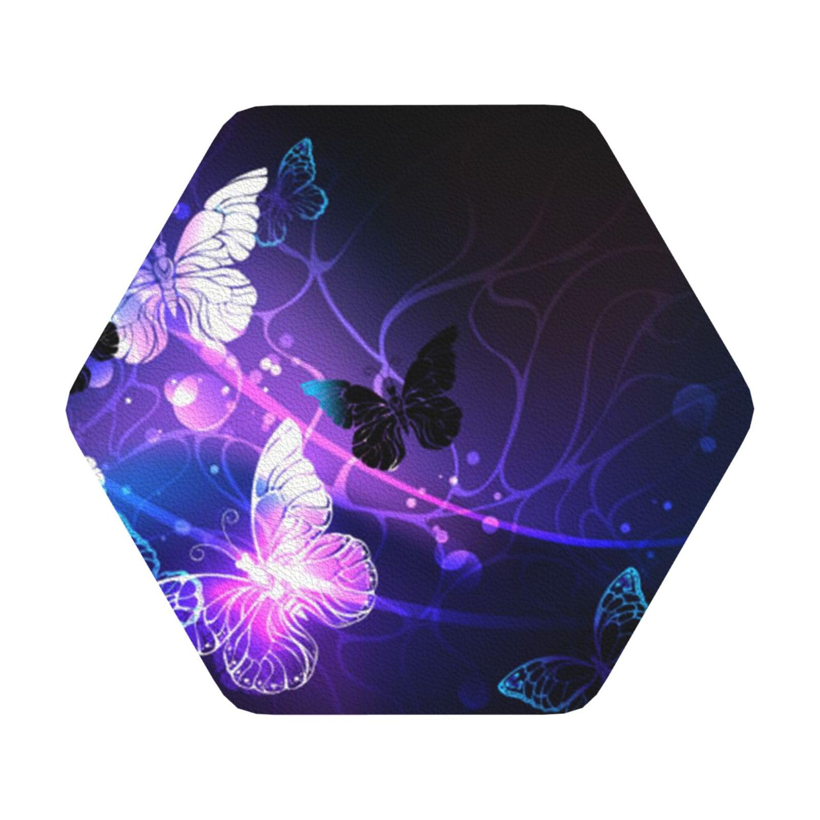 Beautiful glowing butterfly PU Leather Coasters Set of 6 Hexagon Drink Coasters