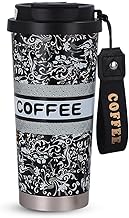 Coffee Travel Mug with Straw & Flip Lid | 550 ml Stainless Steel Vacuum Tumbler Cup | Leak-Proof Thermos Mug for Coffee, Tea, Hot or Cold Beverages, Pack of 1, Color Printing-White (Black Coffee Mug)