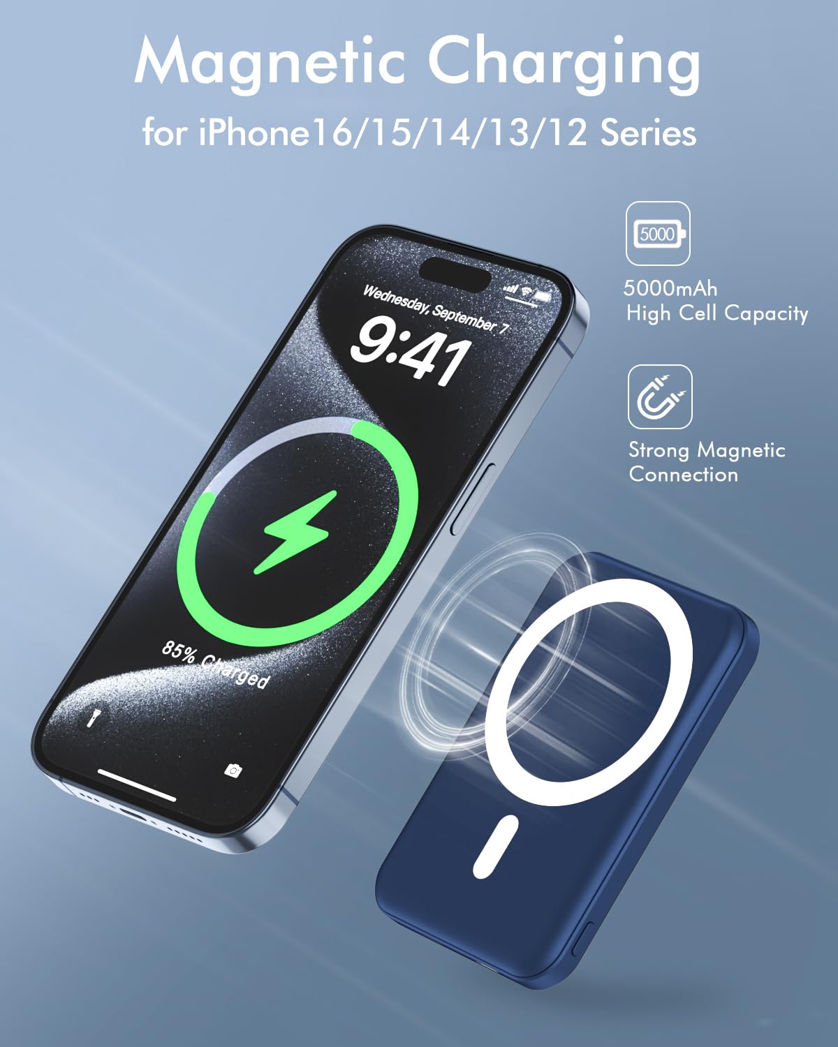 Podoru Powerbank con Mag-safe, 5000mAh Power Bank Magnetico 20W PD Ricarica Rapida Powerbank Wireless con Cavo Type-C/Lighting Caricatore Portatile per iPhone 16/15/14/13/12 Serie (Blu Navy)
