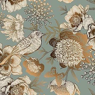 ReWallpaper Vintage Gold Floral Wallpaper Garden Bird Flower Peel and Stick Wallpaper for Bedroom Accent Wall 44.5cmx3m Dark Cyan Teal Vinyl Wrap for Furniture Sticky Back Plastic Patterned Green