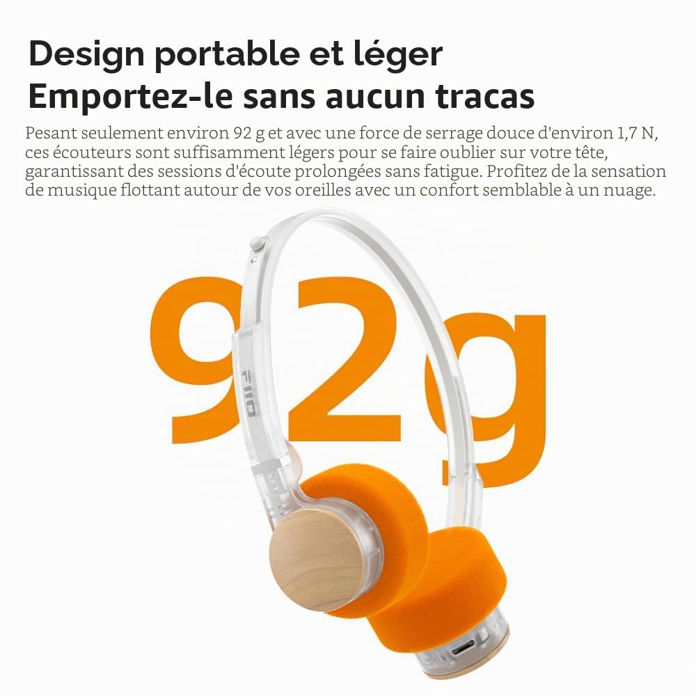 FiiO EH11 Casque Bluetooth rétro supra-auriculaire, sans fil LDAC, léger, 92 g, 30 heures d'autonomie, connexion double appareil, égaliseur d'application et mode jeu, microphone intégré (transparent)