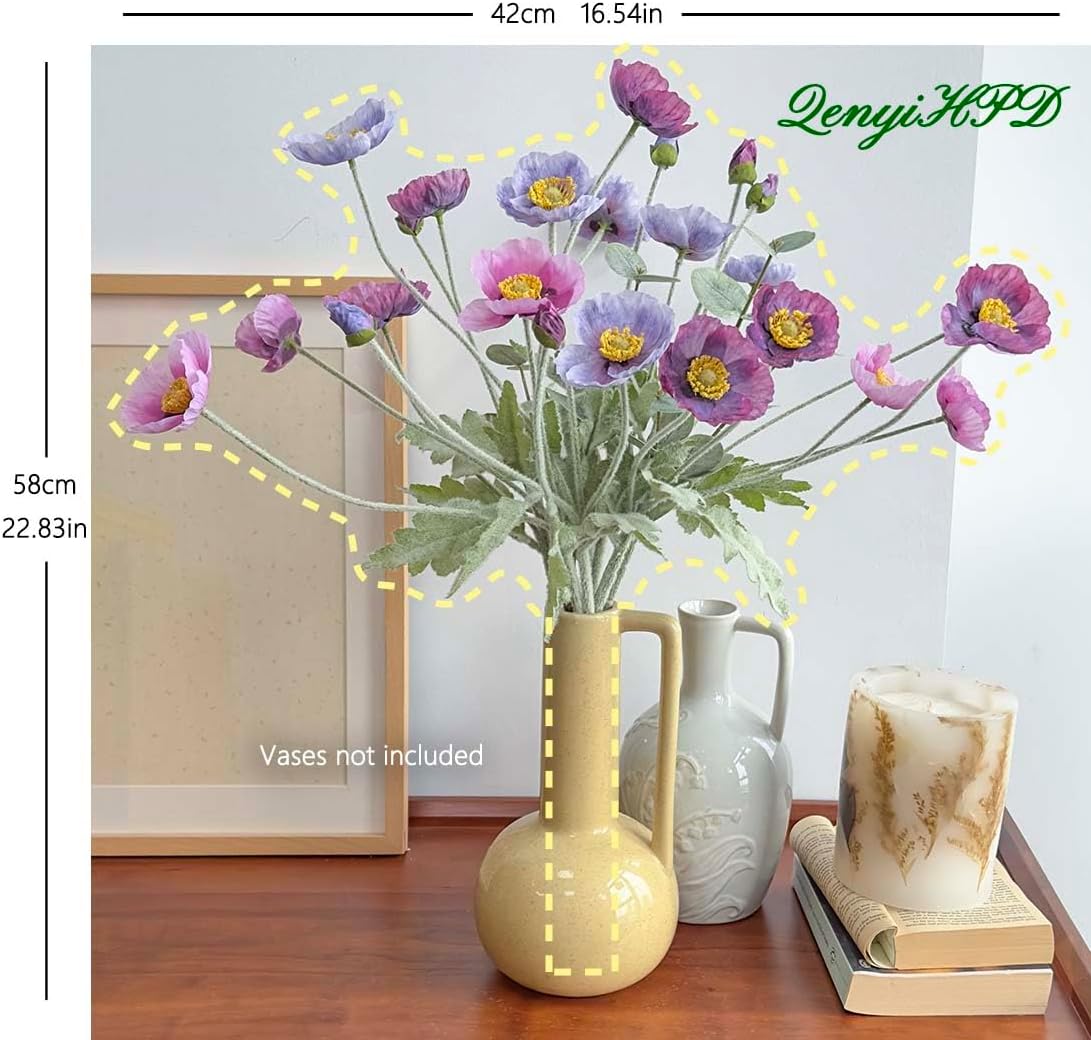 6 Long Stem Poppies Flowers Artificial and 2 Eucalyptus for Tall Vase, Realistic Silk Purple Flowers Fake for Indoor Home Centerpieces Tables Office Decor, Wedding Bridal Party Decorations