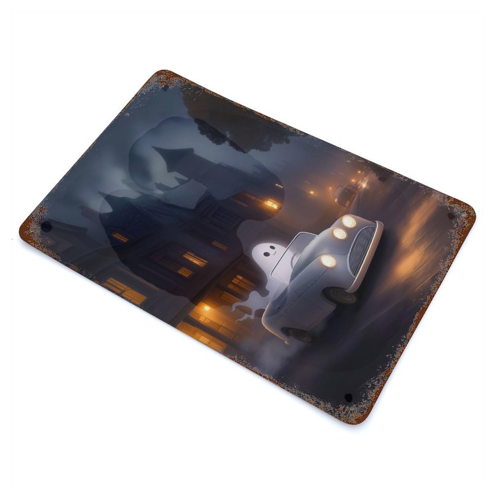 Distressed Metal Wall Sign with Spooky Ghost Ride Design 11.8"x7.9", for Living Room, Hallway And Home Decor, Vintage Wall Decor