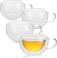 GURUDAR Double Wall Insulated Borosilicate Glass Tea Cups Set of 4 - 7oz Espresso Coffee Mugs with Handles for Latte Cappuccino