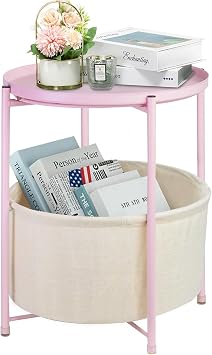 Round End Tables with Storage Basket, Metal Side Table Nightstand Small Bedside Table, Pink