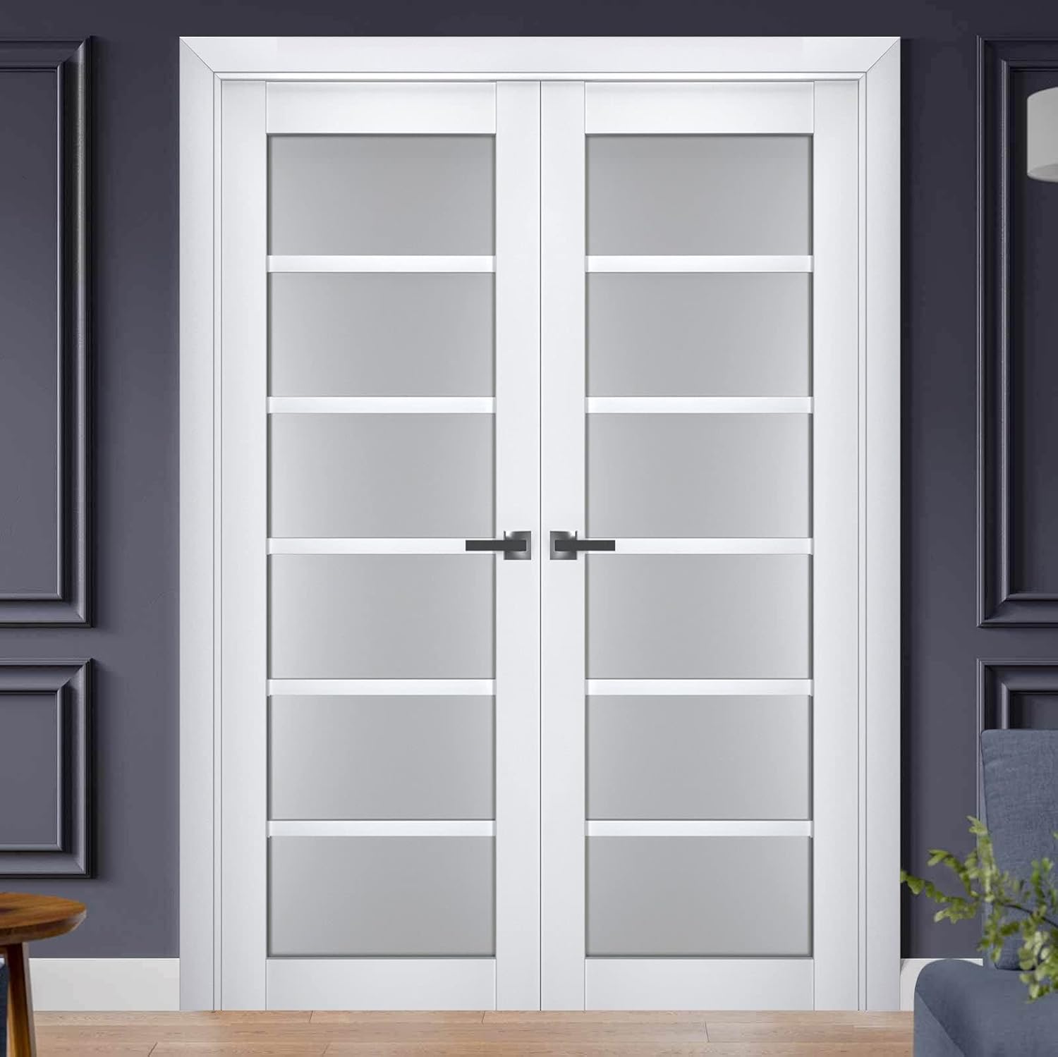 SARTODOORS Veregio 7602 | Double Swing Interior French Doors with Glass with Frosted Glass, Solid Wood, Hardware Included, 64x84, White, Modern
