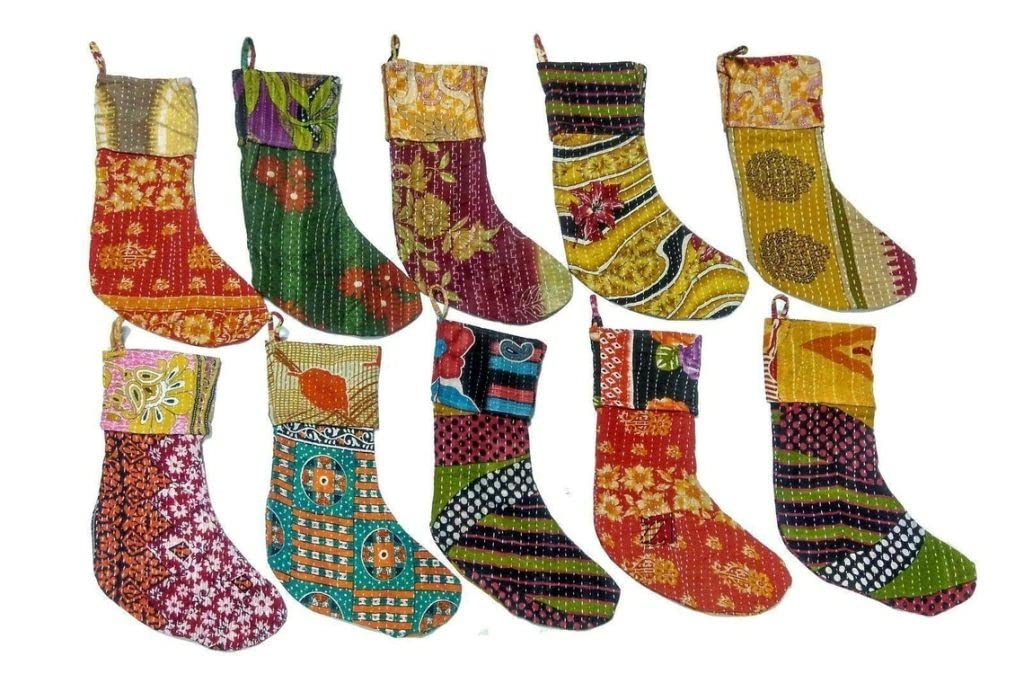Chaussettes de Noël en coton Kantha lot de 50 pour remplacer le plastique par l'artisanat fait main