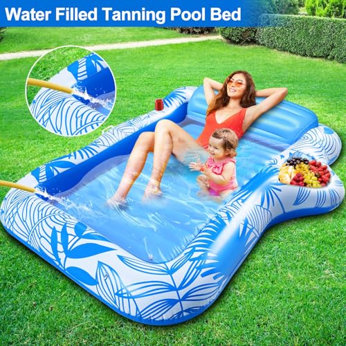 83\" X 63\" Extra Large Inflatable Tanning Pool Float Lounger for Adults with Backrest & Large Size Drink Holder, Water Filled Tanning Bed Pool Raft Floatie Blow up Pool Party Toys for Adults, Pink/Blue