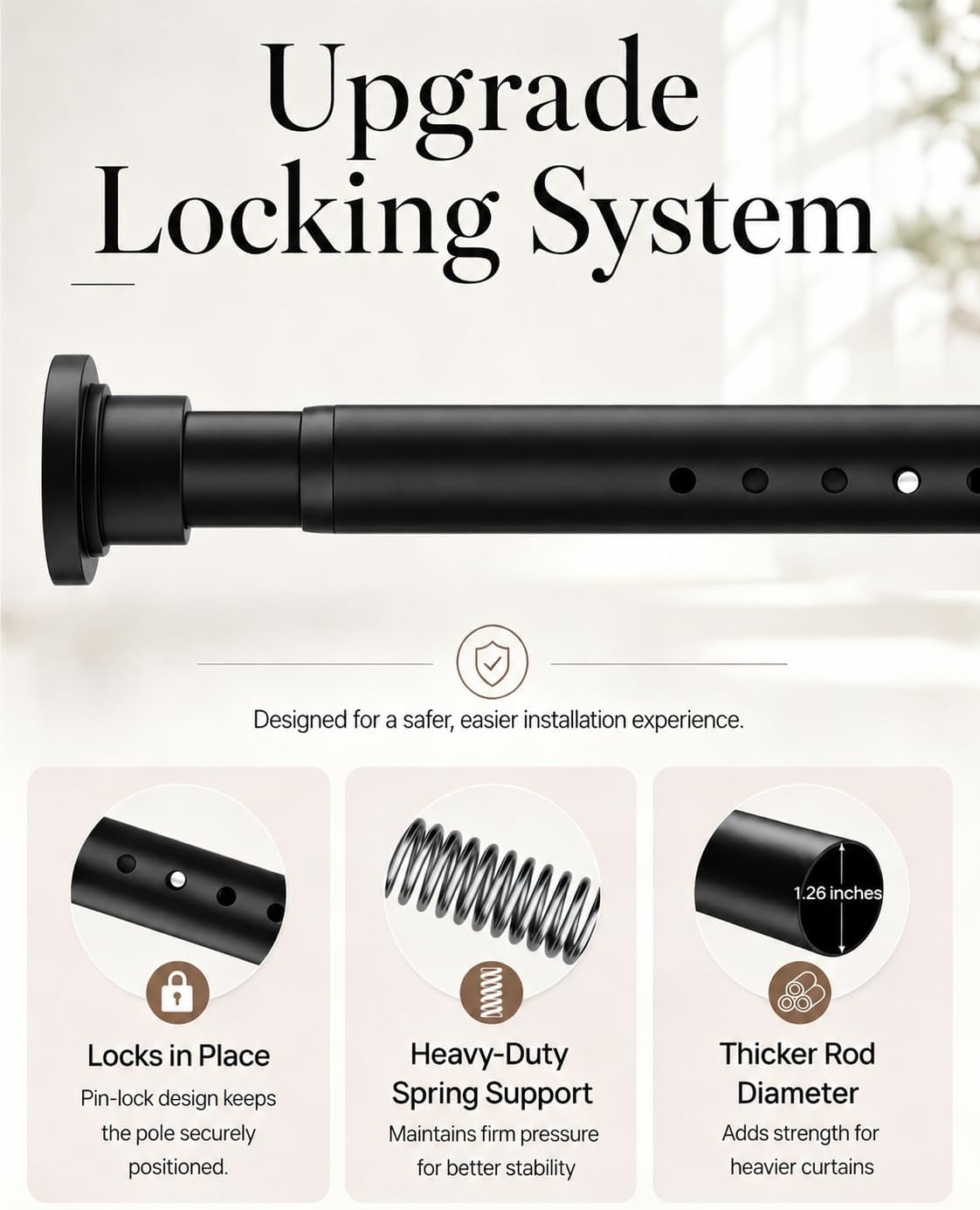 ALLZONE Tension Curtain Rods for Windows 66 to 120 Inches, Black Curtain Rods No Drilling, Heavy Duty Extra Long Tension Rod for Curtains, Outdoor Curtains Rod for Patio, Bedroom