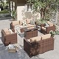VONZOY Patio Furniture Set with Fire Pit Table, 5 Pieces Outdoor Furniture Sets, Wicker Patio Conversation Sets w/Waterproof Covers for Backyard, Porch, Balcony, Poolside(Khaki)