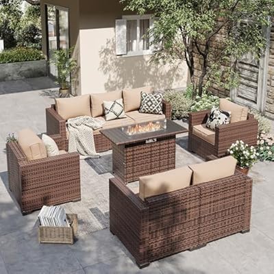 VONZOY Patio Furniture Set with Fire Pit Table, 5 Pieces Outdoor Furniture Sets, Wicker Patio Conversation Sets w/Waterproof Covers for Backyard, Porch, Balcony, Poolside(Khaki)