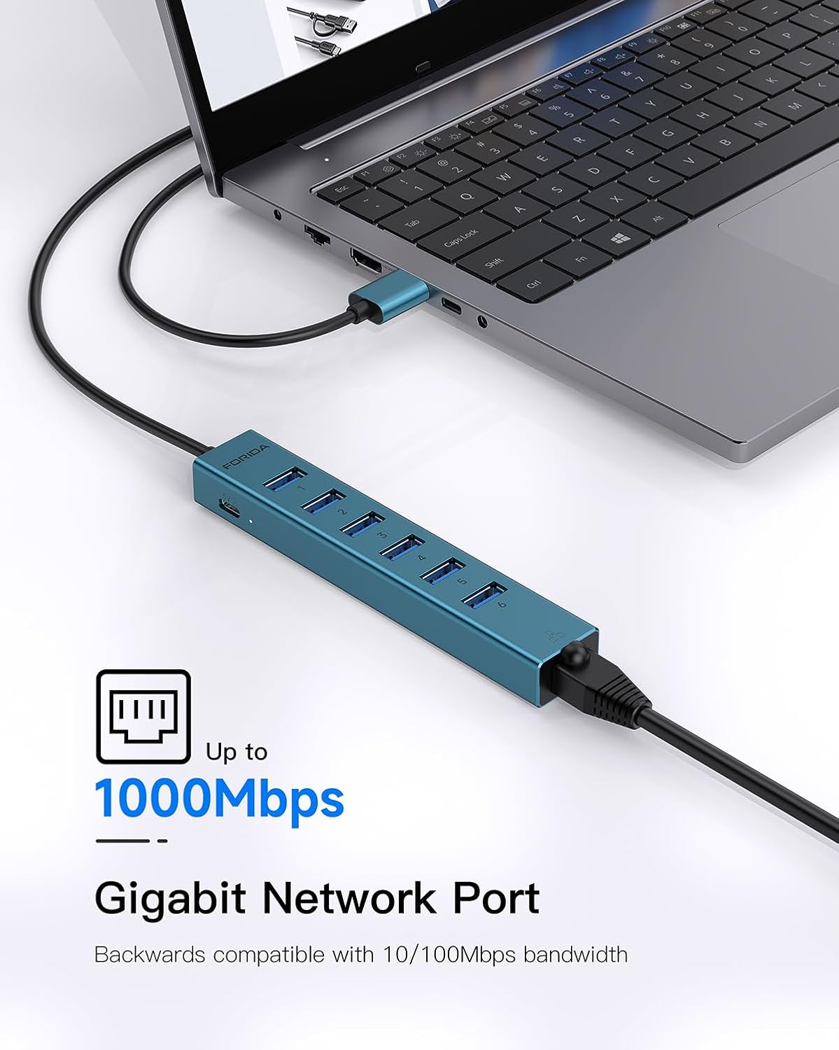 7 Ports USB 3.0 Hub, USB to Network HUB with 3.9ft Long Cable for Laptop, USB Splitter with Gigabit Ethernet Port and 5V/3A Power Port, MultiPort Aluminum Hub for iMac, PC, Flash Drives (Blue) image 6 of 7 B0DXK55T8Q