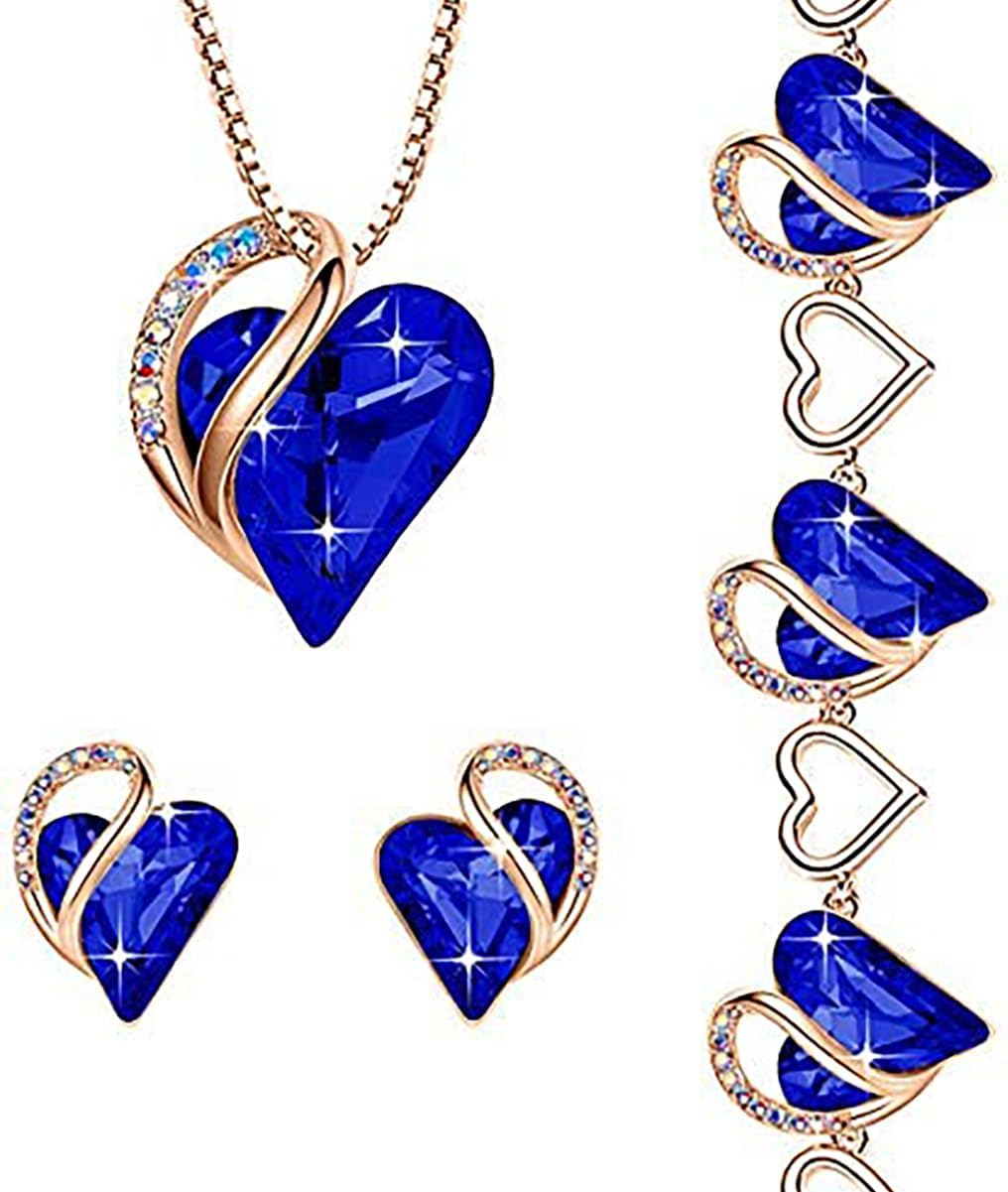 Leafael Infinity Love Crystal Heart Bundle Jewelry Set with Lapis Lazuli Cobalt Blue Healing Stone Crystal for Wisdom Gifts for Women Necklace Earrings Bracelet, 18K Rose Gold Plated