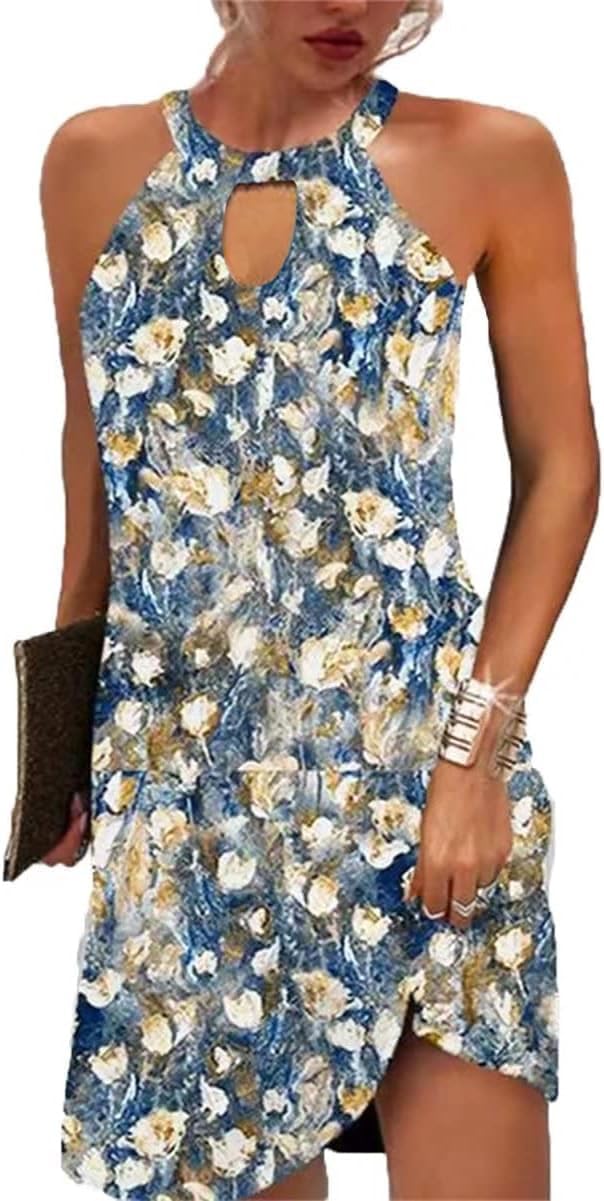Kubsid Halter Dresses for Women 2026 Casual Floral Print Summer Dresses Hollow Out A-line Sundresses for Beach Vacation