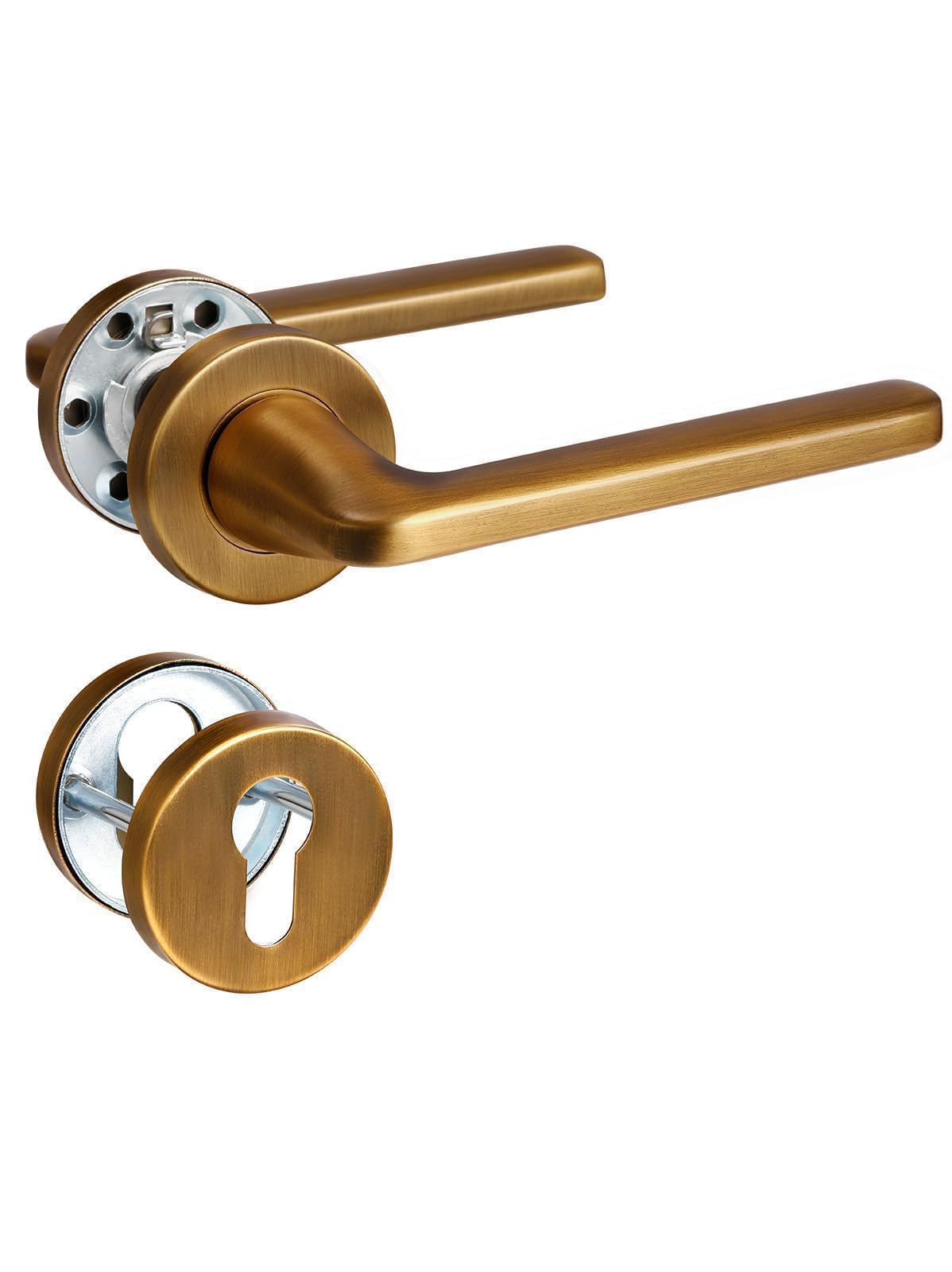 SORWDUERM Maniglia per porta in ottone anticato, set maniglia, acciaio inox spazzolato opaco, maniglia per porta d'ingresso e porta interna, forma a L, rosetta rotonda, cilindro profilato PZ