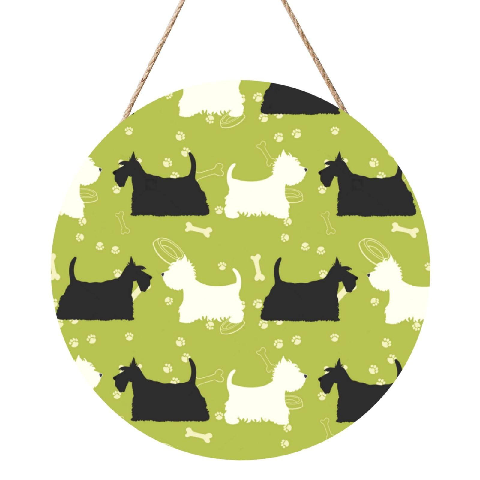 InOmak Hund Silhouette Scottie Westie Tier, Round Wood Panel Painting 12 in, Wall Hanging Painting For Home