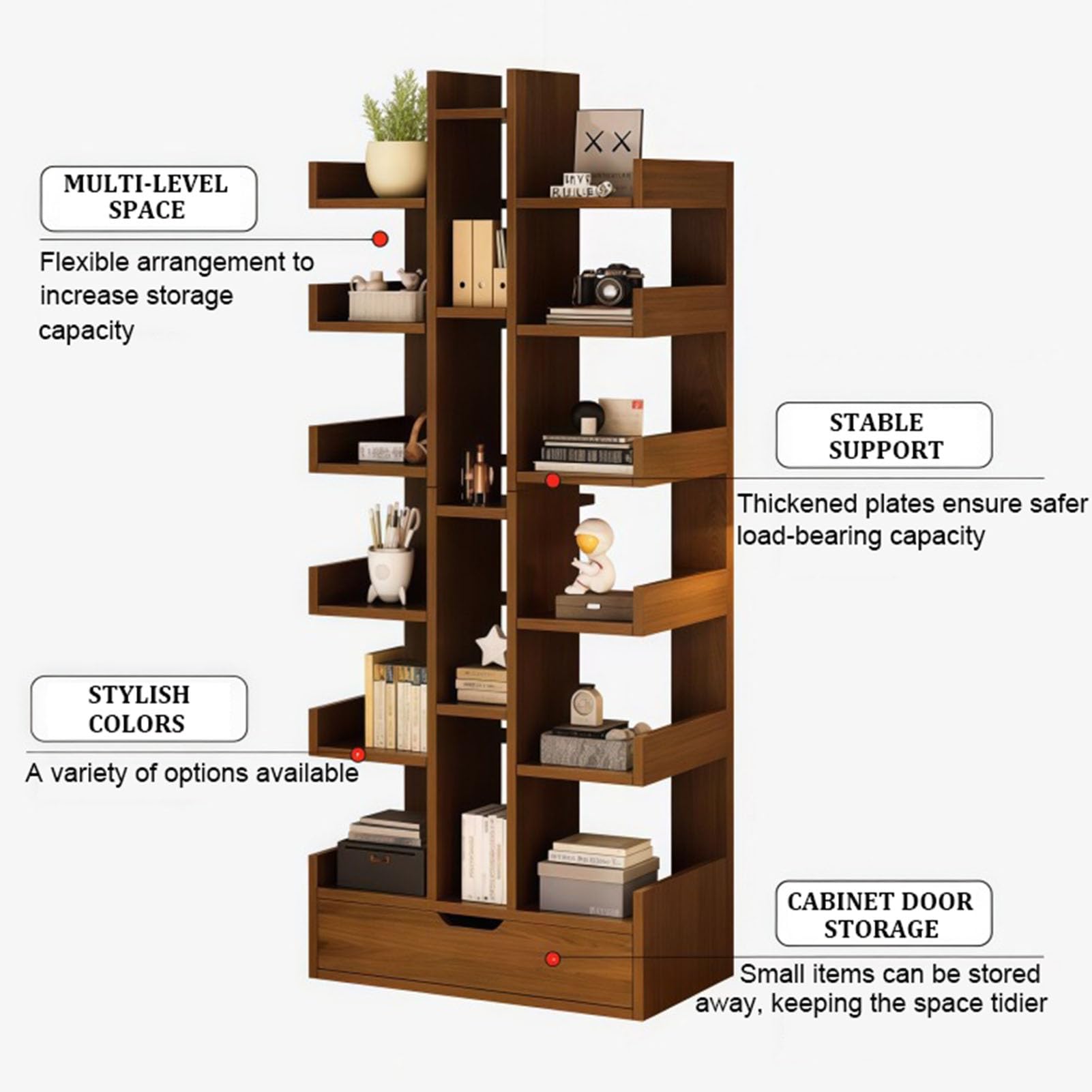 Estantería Vertical de 6 Niveles,Librería con Cajón,Estantería de Pie de Madera de Ingeniería,Gran Capacidad de Almacenamiento,51 X 18 X 172 Cm, para Salón,Dormitorio y Oficina C