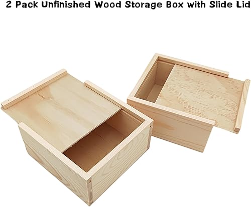 Miniatura 3 de Paquete de 2 cajas de almacenamiento de madera sin terminar con tapa deslizante, caja de madera natural en blanco para joyas, manualidades y
