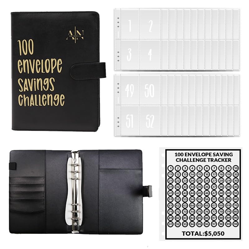 100 Envelopes Money Saving Challenge, Easy and Exciting Way to Save $5050, Savings Budget Binder with Cash Envelopes (Black)