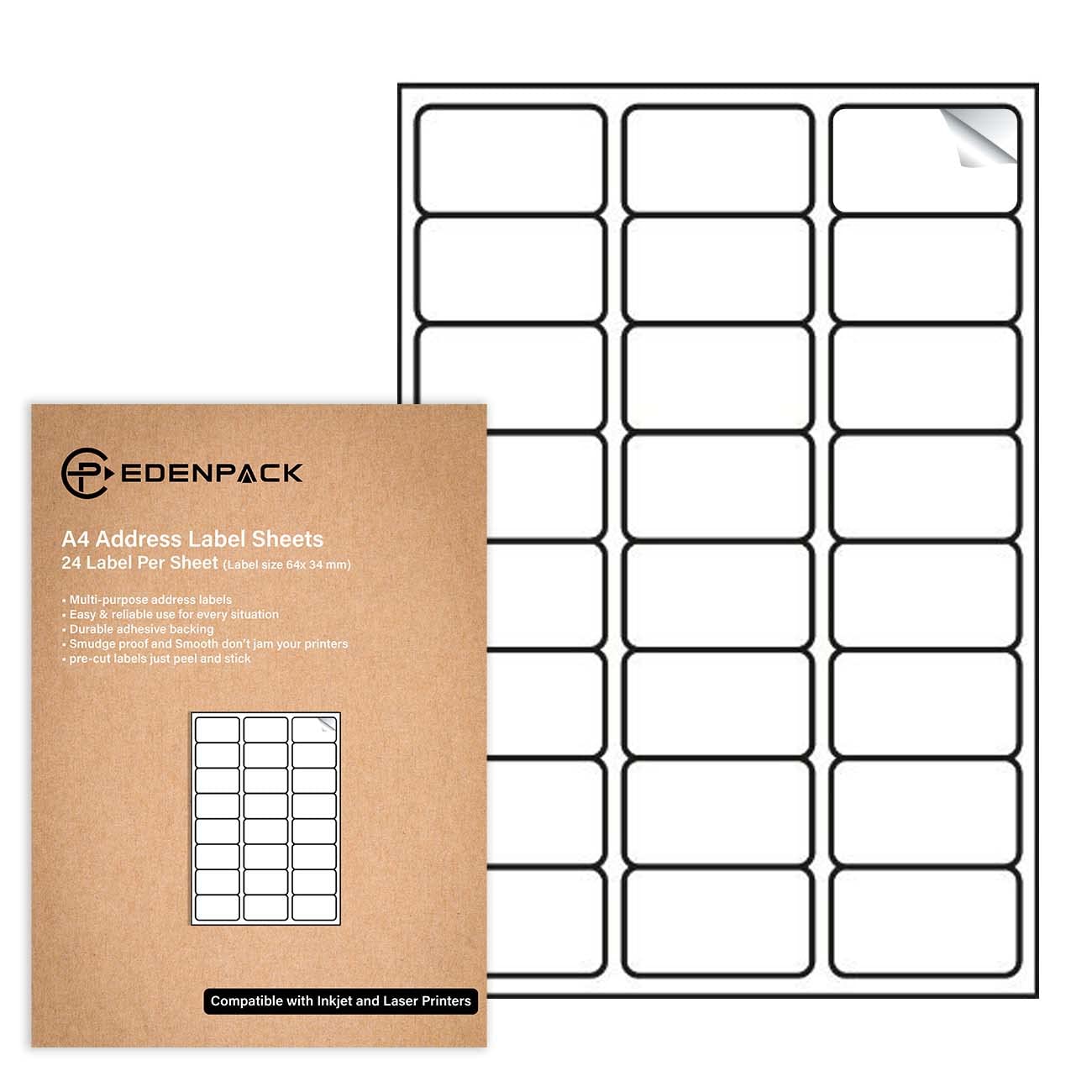 Edenpack24 Label Per A4 Sheet - 1000 Sheets - Address Printable Mailing Labels Self Adhesive Compatible Laser and Inkjet Printers - EP14400
