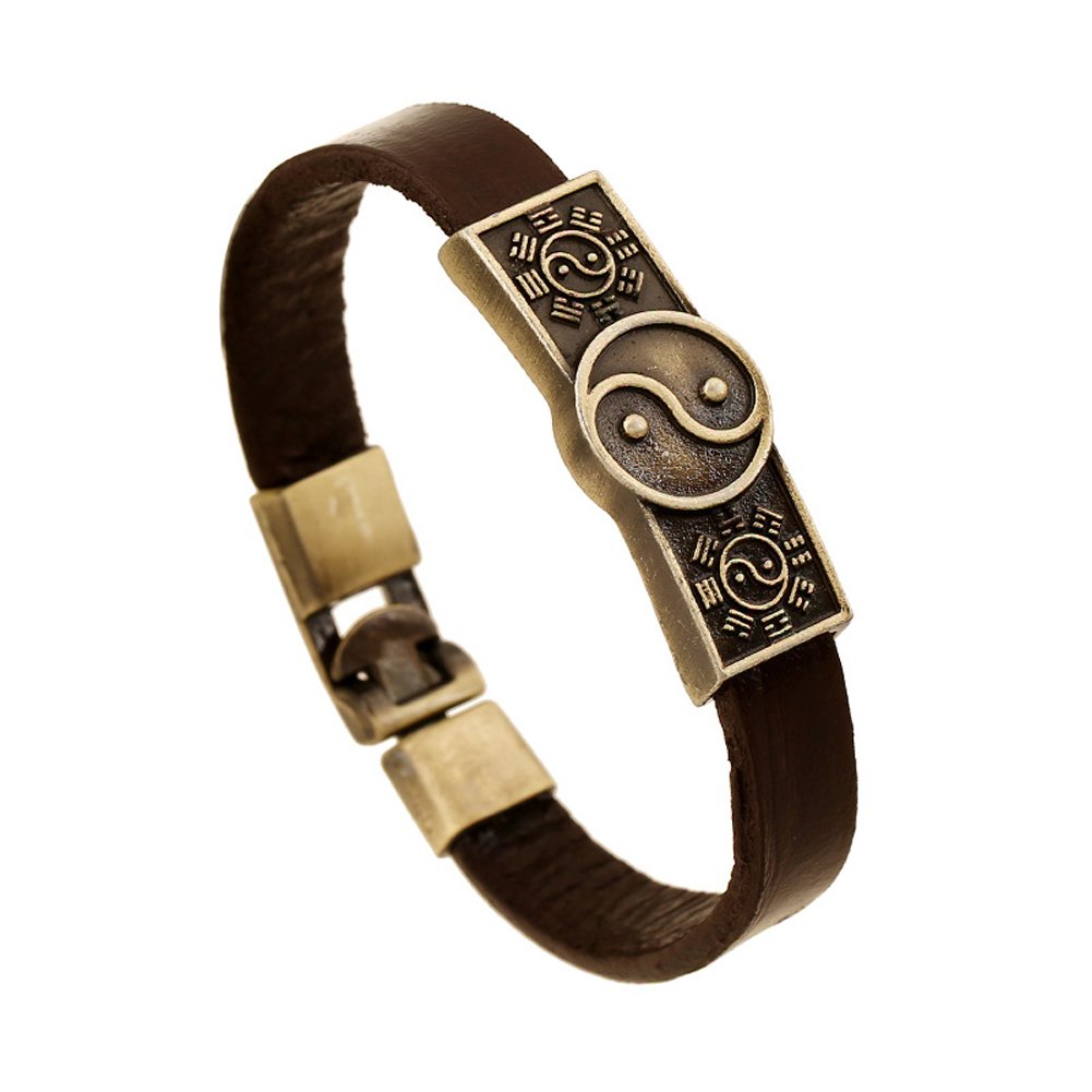 JSEAMetal Yin Yang Taiji Bracelet Bangles Leather Bracelet Brown for Men