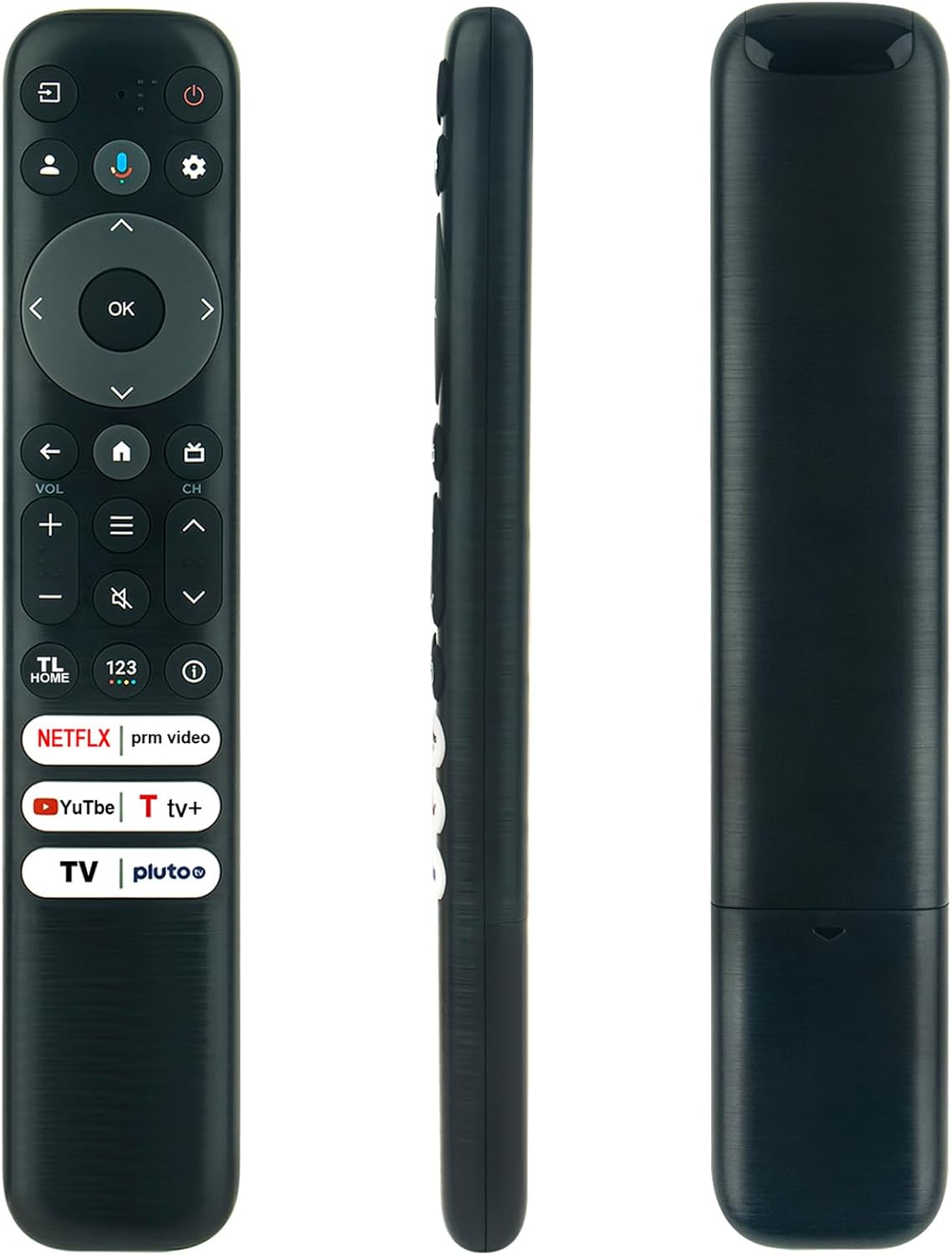 Front, side, and back views of the Beyution RC813 FMB2 remote control, showing all buttons and its ergonomic design.