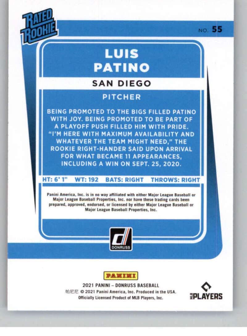 Amazon.com: 2021 Donruss Holo Purple #55 Luis Patino Rated Rookies RC Rookie  San Diego Padres Baseball Trading Card : Collectibles & Fine Art