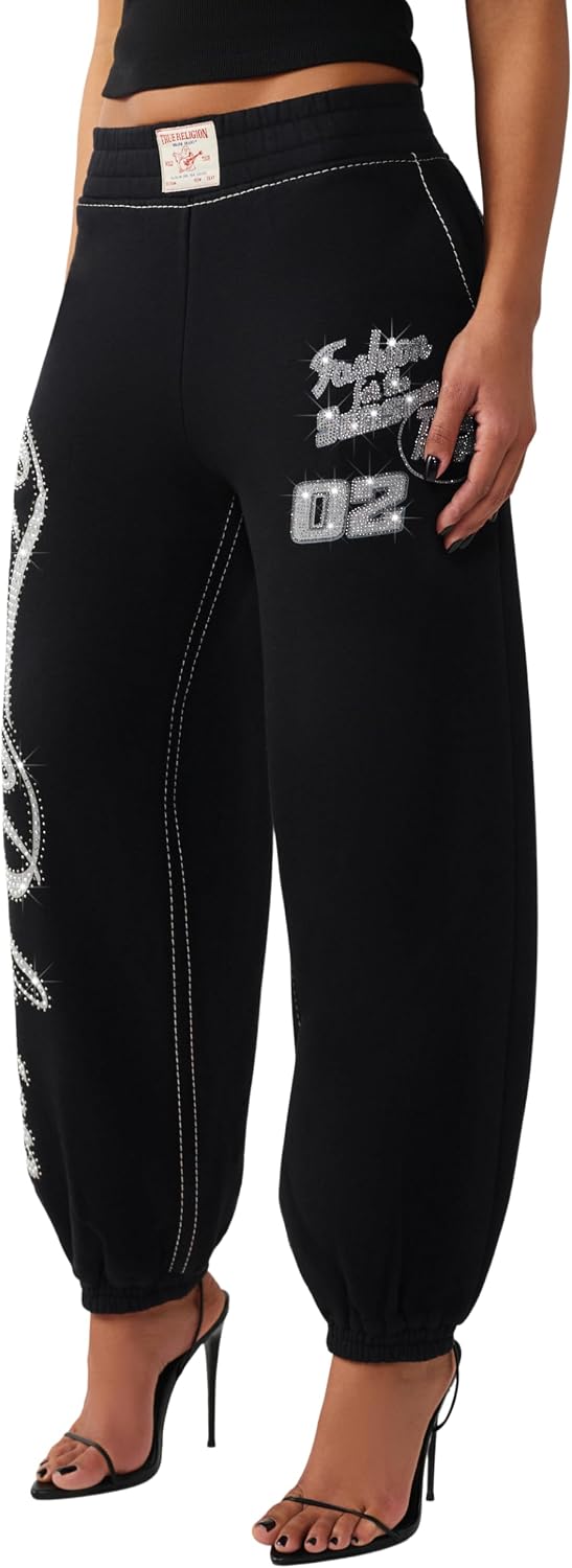 True Religion Women’s Crystal Baggy Jogger – Baggy Fit, Crystal Script Logo, Drawstring Waistband