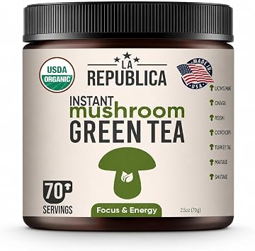 La Republica Instant Green Tea with Reishi, Chaga, Lions Mane, Cordyceps, Turkey Tail, Maitake for Focus 70 Servings