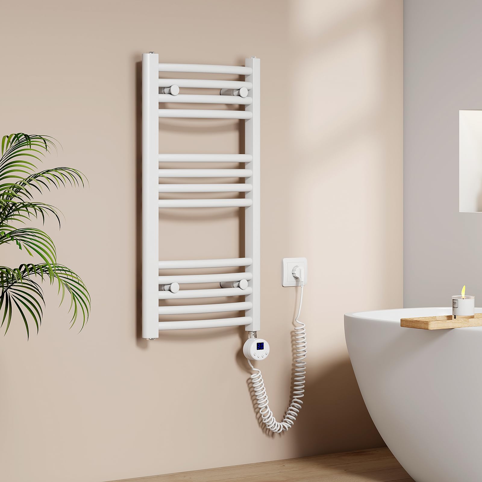 EMKE Scaldasalviette Elettrico per Bagno 75 x 40 cm, Radiatore Curvato con WIFI Termostato, Scaldasalviette Elettrico, Supporto Porta-Asciugamani, Bianco, 250 Watt