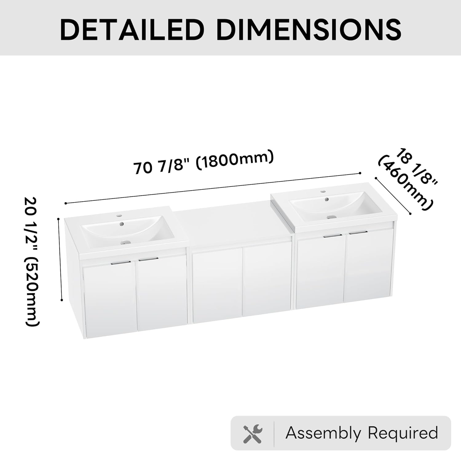 72 inch Floating Bathroom Vanity with Double Sink, Wall Mounted Bathroom Vanity with Storage Cabinet Combo, Resin Sink, Soft Closing Doors, Modern Vanity Cabinet, Glossy White
