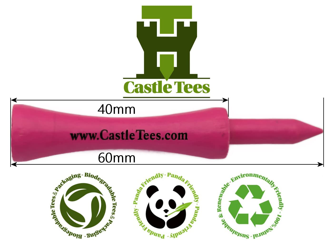 Castle Tees Official Pink 2 Pack, 100 pcs x 60mm 2 1⁄3 inch Premium Bamboo Golf Tees Free Pitch Repair Tool - Image 2