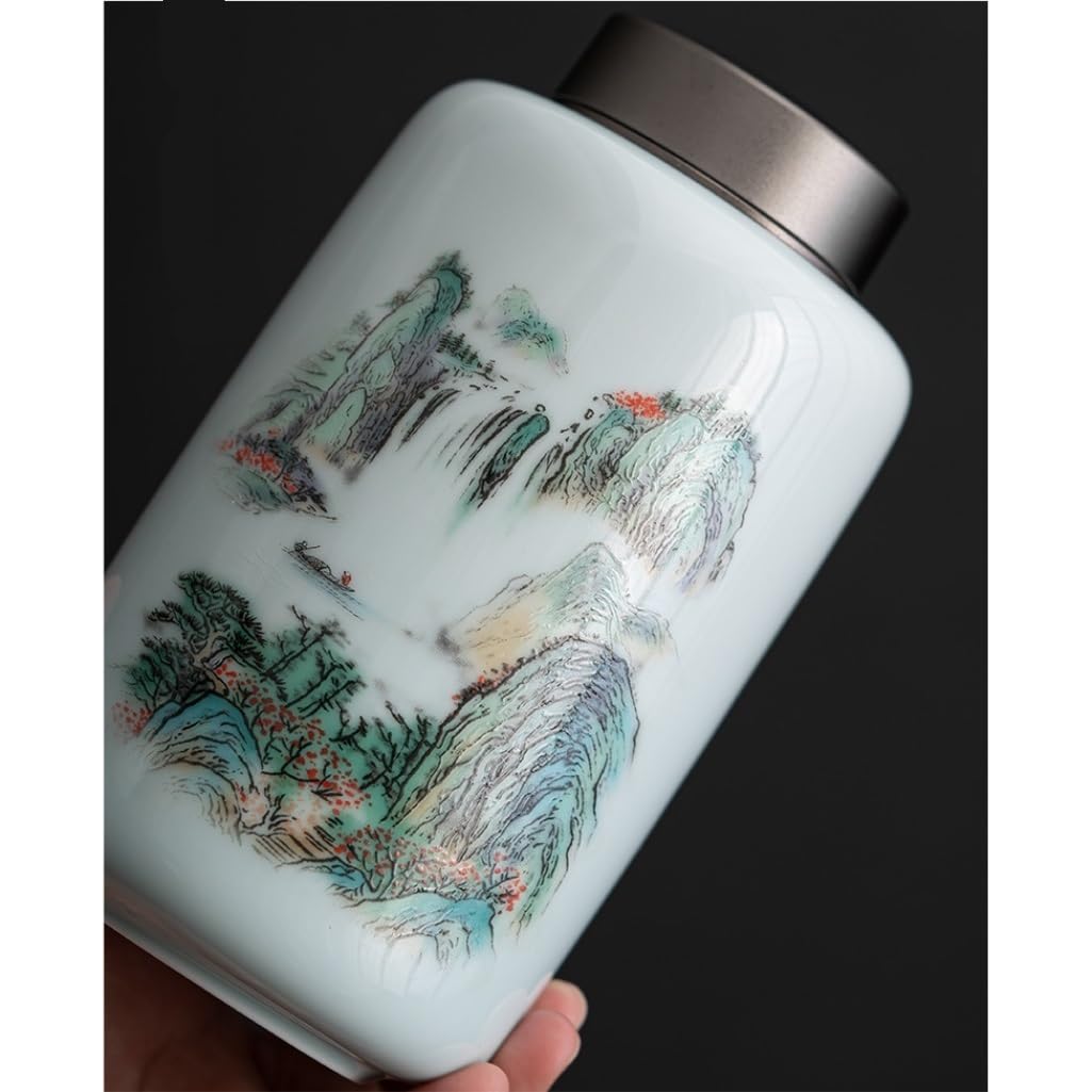 Lata de té Tanque de Almacenamiento té Grande cerámica con Pintura Tinta, Tanque Sellado en Espiral aleación, Caja Regalo Simple y Doble Carrito de té(Single Can Gift Box)