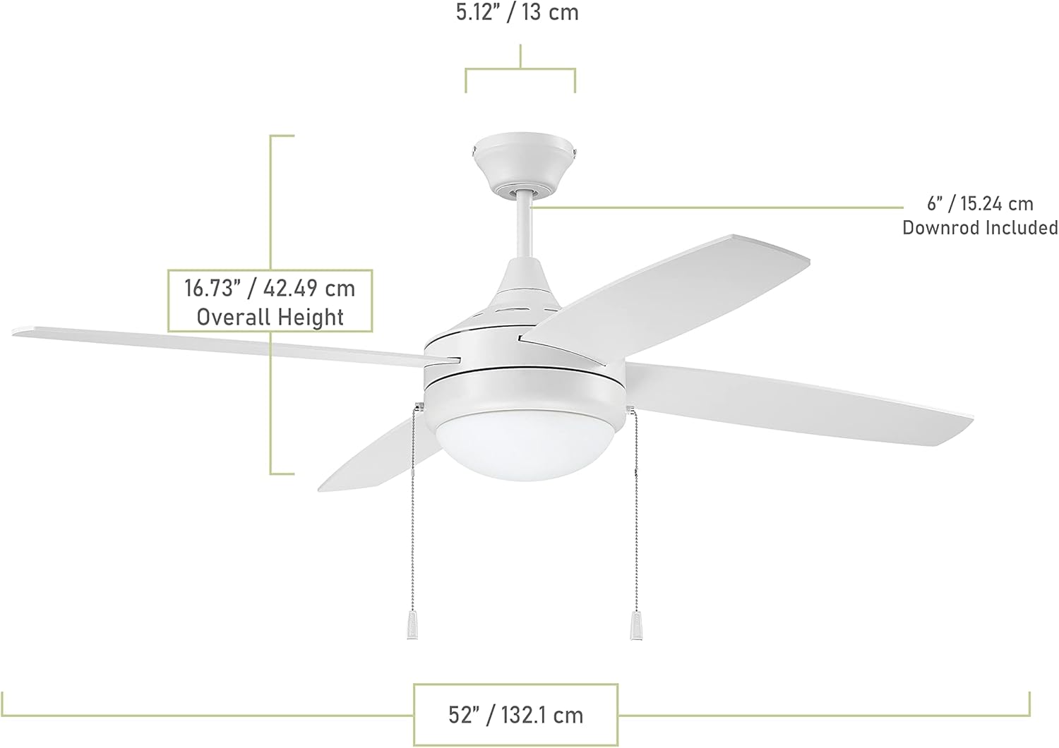 Diagram showing the dimensions of the Craftmade PHA52W4 ceiling fan, including a 52-inch diameter, 16.73-inch overall height, 6-inch downrod, and 5.12-inch canopy diameter.