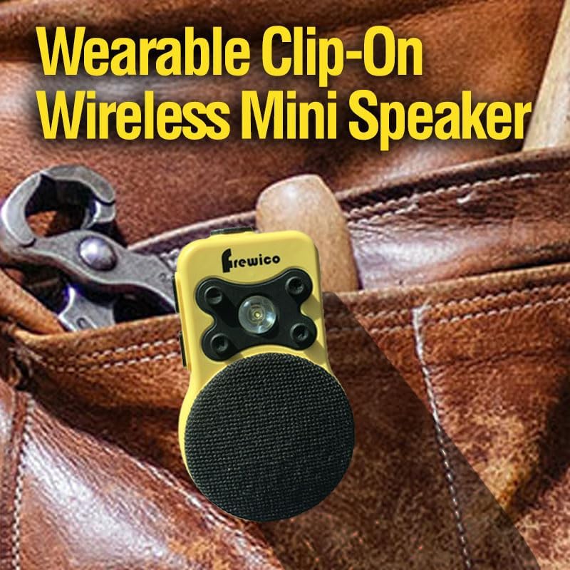 Frewico Wearable Bluetooth Speaker clipped onto a work uniform pocket, demonstrating its wearable design.