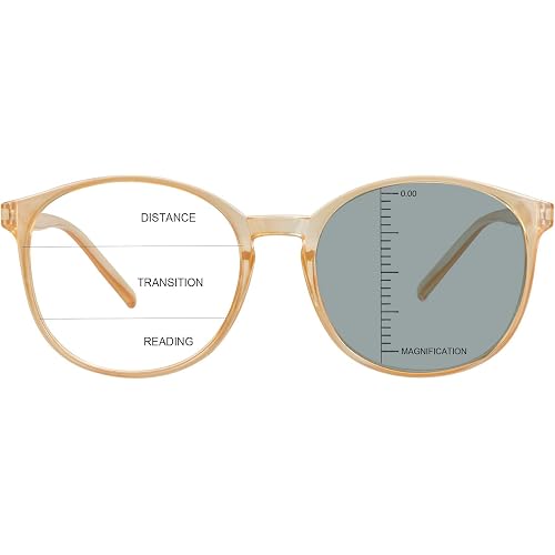 Vintage Round Progressive Multifocal Presbyopic Glasses, Photochromic Gray Sunglasses for Men Women Readers (Champagne,+0.00/+1.75 Magnification)