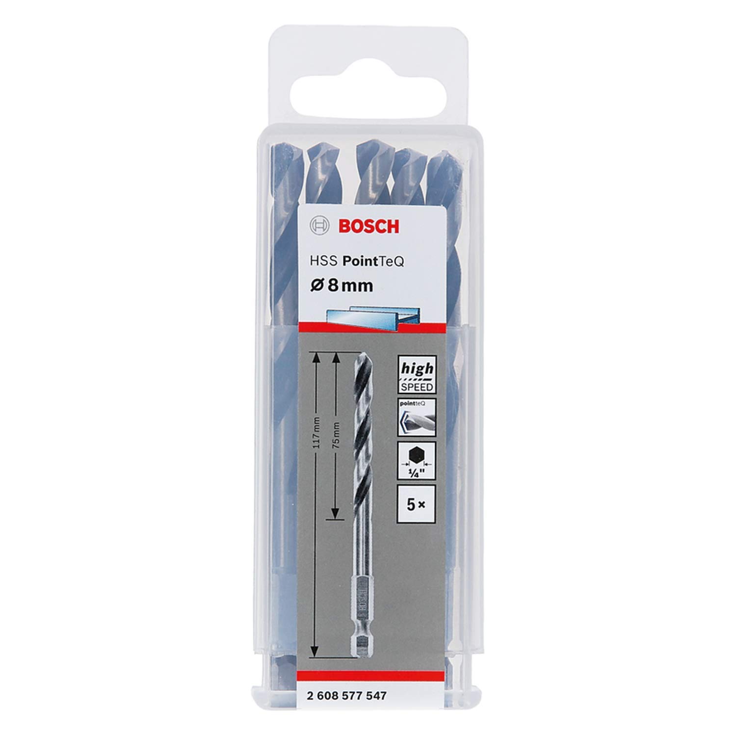 Bosch Professional 10 Stück PointTeQ Sechskantbohrer (für Metall, Ø: 8 mm, Arbeitslänge: 75 mm, Gesamtlänge: 117 mm, ¼"-Sechskantschaft, Zubehör für Schlagschrauber und Bohrschrauber)