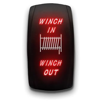 Winch in Winch Out - Red - Laser Etched Toggle Switch 7-PIN Momentary Switch Waterproof Black Shell/ON-Off-ON DPDT Illuminated Rocker Switch for Auto Truck Boat Marine - 20A 12V/10A 24V