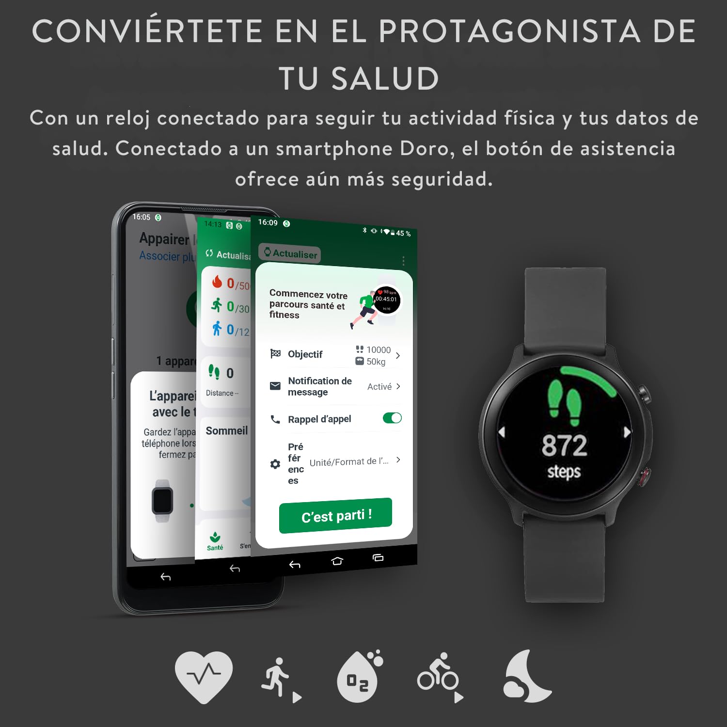 Doro Watch - Reloj Inteligente Mayores - Smartwatch Hombre y Mujer - Reloj Digital - Fitness - Pulsera Actividad - Reloj Seniores Resistente al Agua - Podómetro - Pulsómetro - Android y iOS (Negro)