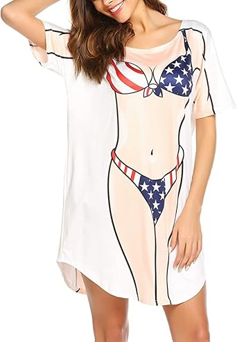 Womens Sexy Bikini Printed T Shirt Dress 3D Bikini Shirt Baggy Short Sleeve Cover Up Beach Swimwear Bathing Suit