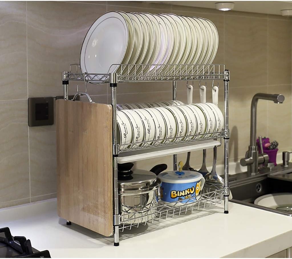 3-Layer Stainless Steel Dish Rack Drain Rack Kitchen Rack 45 25 45cm,Layer Spacing Can Be Adjusted