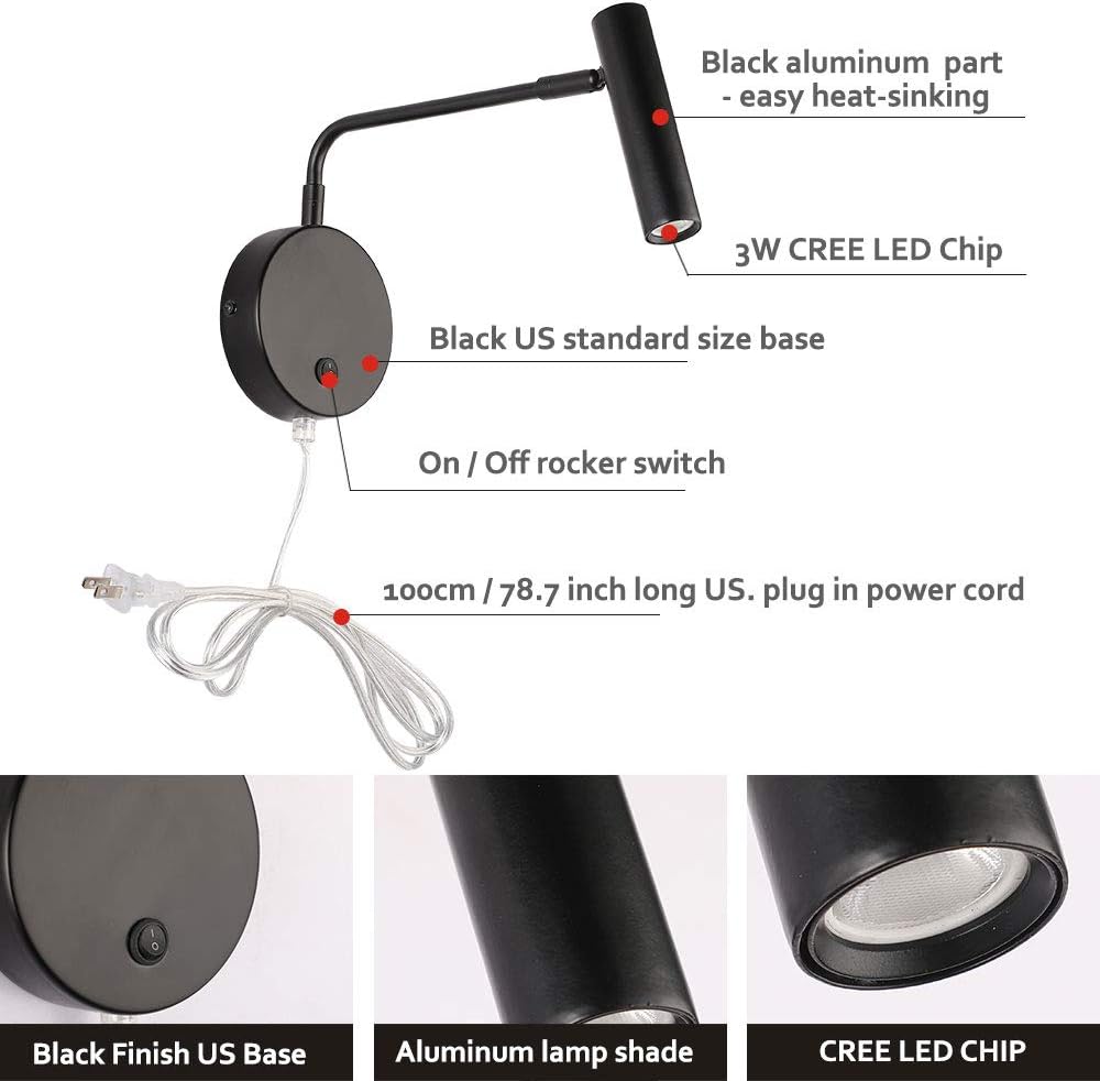 Joossnwell Wall Lights with Plug in Cord, Industrial Wall Lamps for Bedroom with on Off Switch Warm White 3000K Black-1 Pack