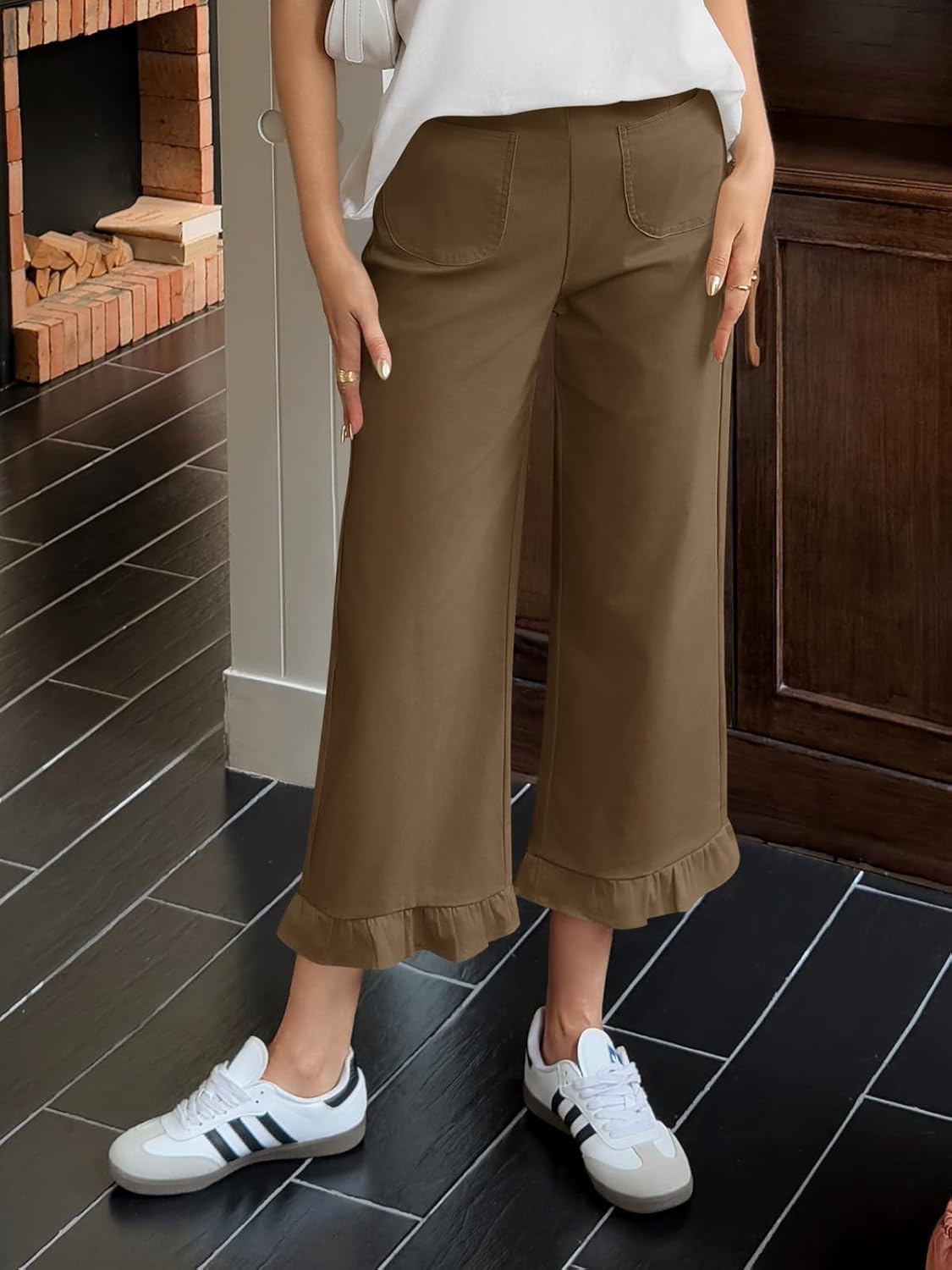 Cicy Bell Womens Wide Leg Capris Pants Casual High Waisted Ruffle Hem Zipper Loose Fit Trousers with Pockets - Image 2