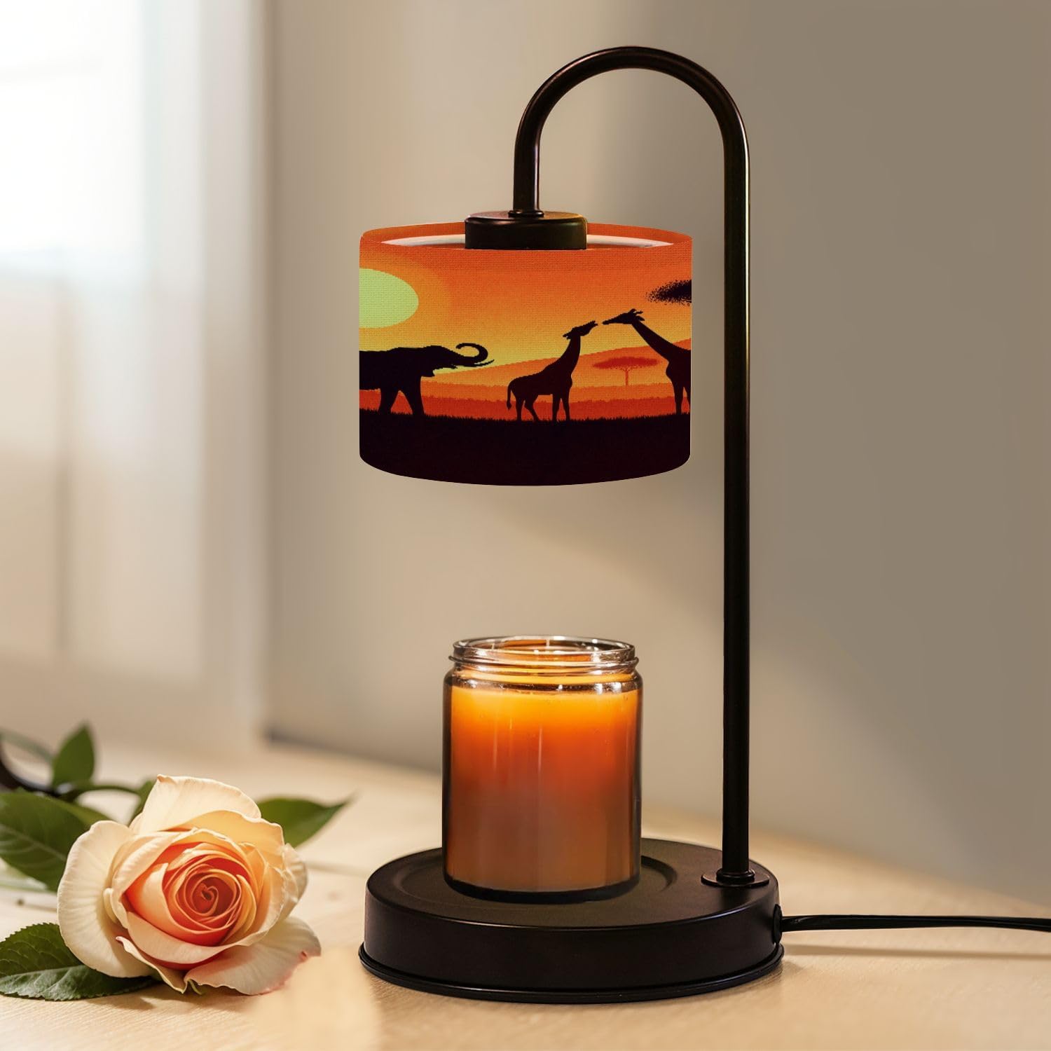 Candle Warmer Lamp with Timer and Dimmer, Silhouettes Wild Animals Africa Elephants Zebra Giraffes Against Wax Melt Warmer with 4 Bulbs, House Warming Birthday Gifts for Women Mom New Home Decor